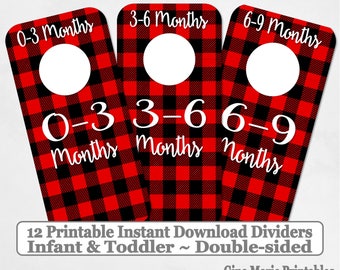 Printable Baby Closet Dividers Red Black Buffalo Plaid 12 Sizes NB-6 Double-Sided - DIY Instant Download - Baby Shower Gift Nursery