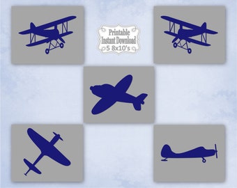 Printable Antique Vintage Planes Airplanes Bi-planes Navy Grey Nursery Wall Art Decor Baby Child Kids ~ DIY Instant Download ~ 5 8x10 Prints