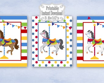 Printable Carousel Horses Merry Go Round Baby Nursery Wall Art Decor Boy Child Kids ~ DIY Instant Download ~ 3 8x10 Prints