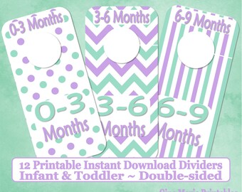 Printable Baby Closet Dividers Mint Lavender Dots Stripes Chevrons 12 Sizes NB-6 Double-Sided - DIY Instant Download - Nursery