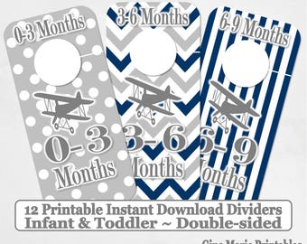 Printable Baby Closet Dividers Navy Grey Bi-planes 12 Sizes NB-6 Double-Sided - DIY Instant Download - Shower Gift Nursery