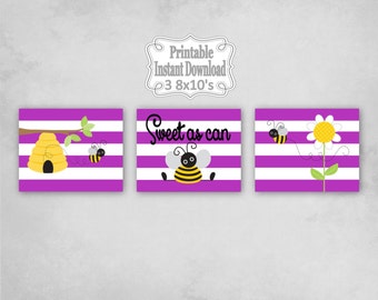 Printable Bumble Bees Baby Nursery Wall Art Decor in Purple Yellow Black Bumblebees Baby Child Kids ~ DIY Instant Download ~ 3 8x10 Prints