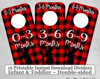 Printable Baby Closet Dividers Buffalo Plaid Deer 12 Sizes NB-6 Double-Sided - DIY Instant Download - Baby Shower Gift Nursery