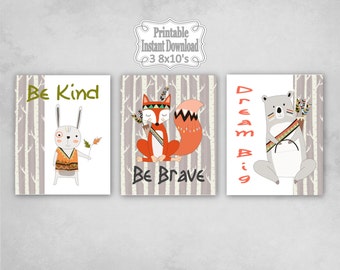 Printable Tribal Woodland Animals Nursery Wall Art Decor Be Kind Brave Dream Big Bear Fox Rabbit Baby ~ DIY Instant Download ~ 3 8x10 Prints