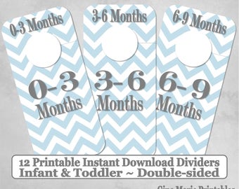 Printable Baby Closet Dividers Baby Blue White Chevrons 12 Sizes NB-6 Double-Sided - DIY Instant Download -Baby Shower Nursery