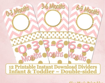 Printable Baby Closet Dividers Pink Gold Dots Chevrons 12 Sizes NB-6 Double-Sided - DIY Instant Download - Baby Shower Gift Nursery