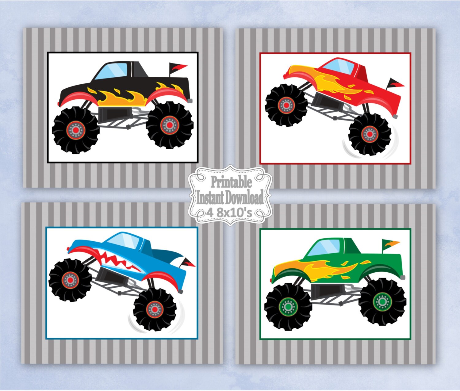 Printable Monster Trucks Nursery Wall Art Decor Black Red Etsy