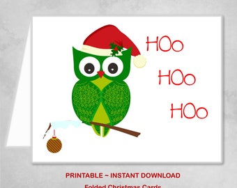 Printable Green Owl Christmas Card Hoo Hoo Hoo Family Boy Girl Christmas Card - DIY Instant Download Christmas Card