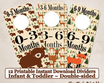 Printable Baby Closet Dividers Woodland Bear Fox Deer 12 Sizes NB-6 Double-Sided - DIY Instant Download - Baby Shower Gift