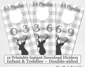 Printable Baby Closet Dividers Grey Buffalo Plaid Deer 12 Sizes NB-6 Double-Sided- DIY Instant Download - Baby Shower Gift Nursery