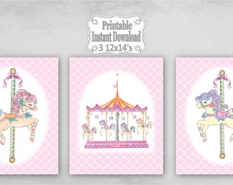 Printable Carousel Horses Merry Go Round Baby Nursery Wall Art Decor Pink Clover Child Kids ~ DIY Instant Download ~ 3 12x14 Prints