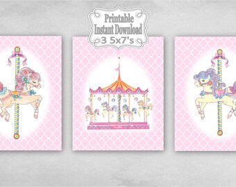 Printable Carousel Horses Merry Go Round Baby Nursery Wall Art Decor Pink Clover Child Kids ~ DIY Instant Download ~ 3 5x7 Prints