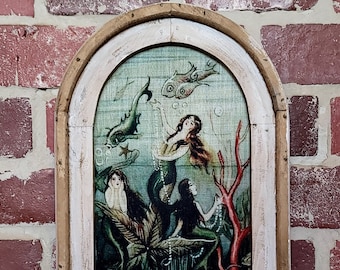 Framed Vintage Fabric Mermaids Wall Art Print Beach House Decor Wall Hanging Coastal Decor Arch Window Frame Vintage Sirens  Decor