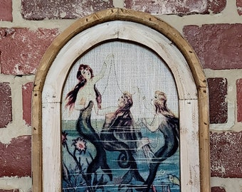 Vintage Framed Wall Art Mermaids Printed Fabric  Beach House Decor Wall Hanging Coastal Decor Arch Window Frame Vintage Sirens  Wall  Decor