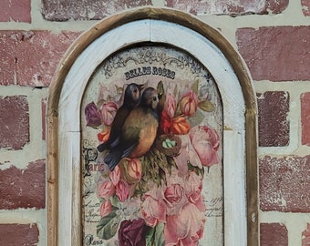 Framed French Country Bird and Roses Wall Art Floral Wall Art 14"x22" Farmhouse Decor Wall Hanging French Decor Vintage Cottagecore Decor
