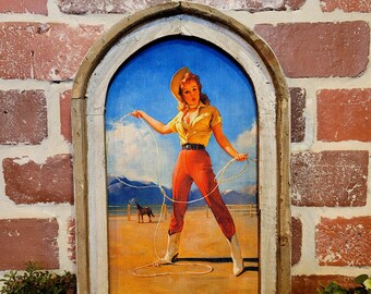 Framed Vintage Pinup Cowgirl Wall Art 14"x22" Western Decor Linen Style Wall Hanging Rustic Southwestern Decor Cowboy Decor Cabin Wall Decor