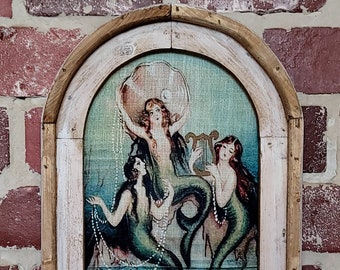 Vintage Framed Wall Art Beach House Decor Wall Hanging Coastal Decor Arch Window Frame Vintage Sirens Mermaid  Decor Beach House Wall Decor