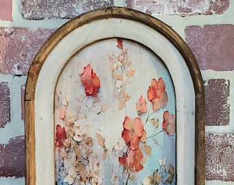 Arch Wood Framed Botanical Fabric Print Floral Art Farmhouse Decor Still Life Flowers in Vase PaintingTextile Wall Hanging Cottagecore Decor