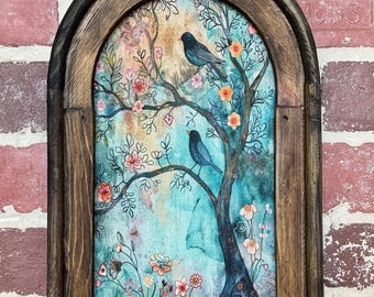 Arch Frame Whimsical Bird Wall Art Dark Cottagecore Floral Wall Decor Vintage Botanical Wall Artwork Moody Wall Hanging Textile