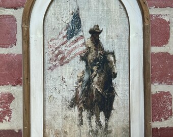 Vintage Americana Western Art 4th of July Wall Art Independence Day Wall Art Cowboy Holding Flag Rustic Decor Cowboy and Horse Fabric Print