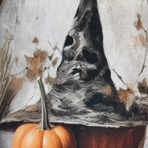 May include: A witch's hat with a pointed top and a textured surface sits on top of a large orange pumpkin. A smaller orange pumpkin sits in front of the hat.