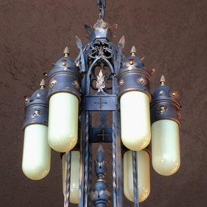 RARE! Large Lantern Chandelier with Tubular Vaseline Shades Antique Chandelier Gothic Revival Mission Chandelier French Antique Light