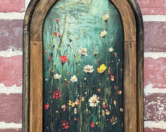 Arch Frame Wildflower Landscape Scene Dark Moody Flower Art Botanical Flower Painting Fabric Print  Wall Decor Dark Cottagecore Floral Art