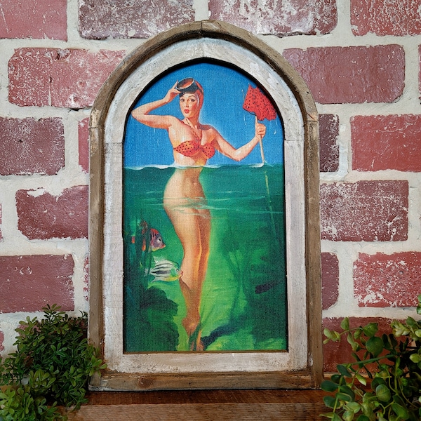 Framed Vintage Swimmer Wall Art 14"x22" Tropical Beach House Decor Linen Style Wall Hanging Coastal Decor Arch Window Frame  Summer Decor
