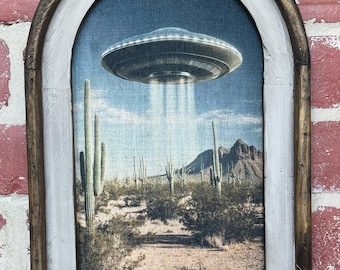 Arch Frame Southwestern Wall Art UFO Surreal Wall Art Fabric Print Vintage Farmhouse Wall Art Western Wall Art Outer Space Cowboy Spaceship