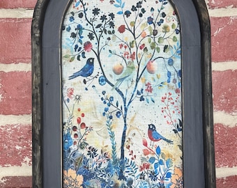 Framed Watercolor Wildflower Art Fabric Print Whimsical Wall Art Floral Wall Decor Quirky Folkart Vintage Wall Hanging Moody Artwork