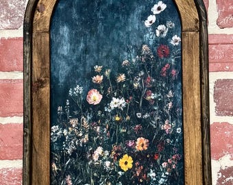 Arch Frame Wildflower Landscape Scene Dark Moody Flower Art Botanical Flower Painting Fabric Print  Wall Decor Dark Cottagecore Floral Art