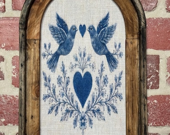 Arch Frame Folk Art Fabric Print Primitive Wall Art Vintage Bird Art Tapestry Print Farmhouse Wall Decor Vintage Embroidery Textile Print