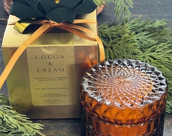 Decorative Glass Candle with Lid-Fragrant Candle-Gourmand Chocolate Candle-Amber Thick Cut Glass Scented Candle-Vintage Home Decor-Gift Box