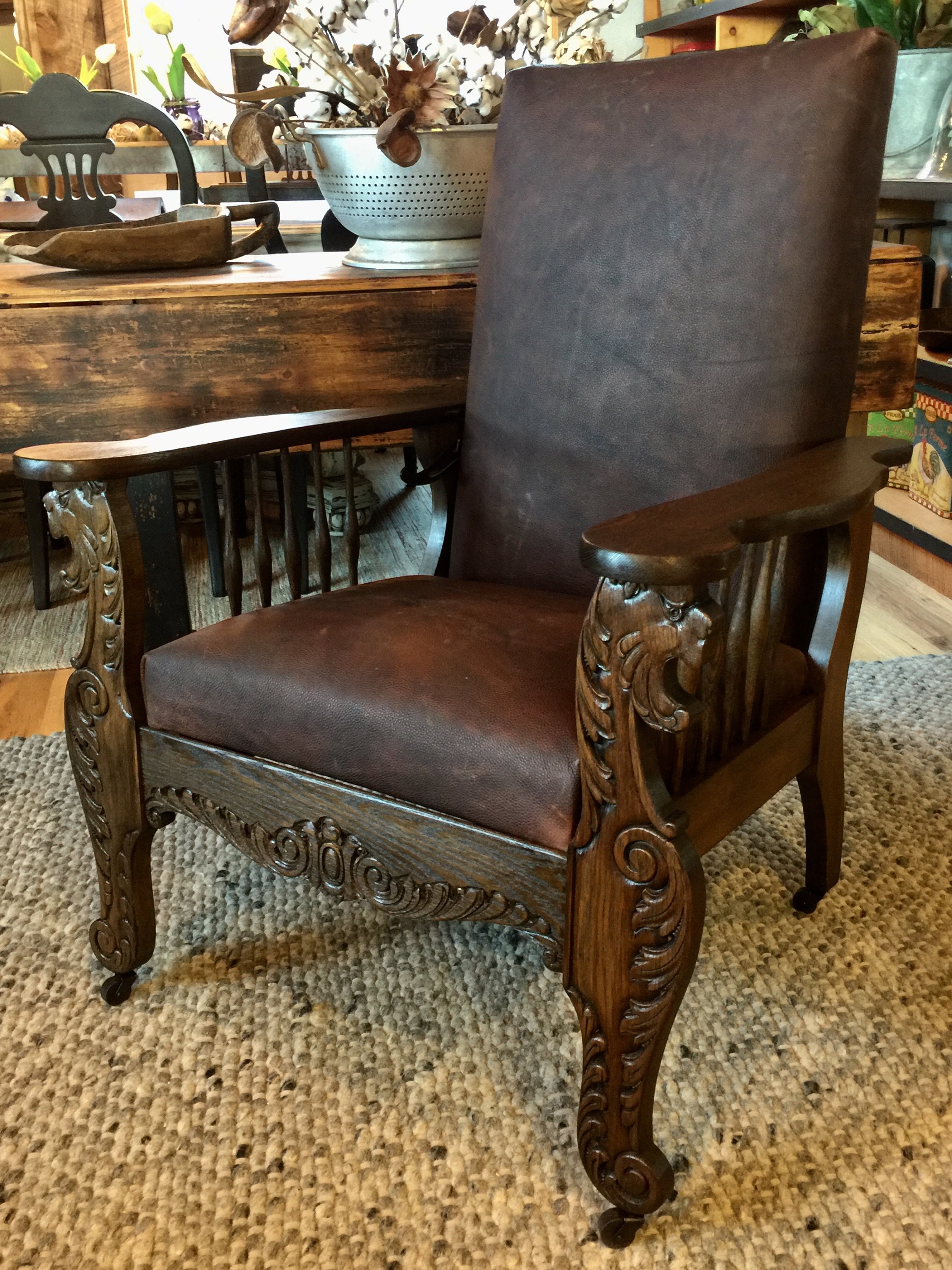 Antique Morris Chair Carved Lion Heads Leather Etsy