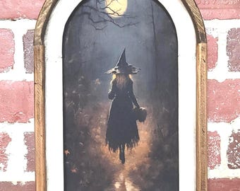 Framed Fabric Halloween Wall Art Print Halloween Decor Vintage Witch Print Autumn Fabric Print Vintage Dark Moody Wall Decor Dark Academia