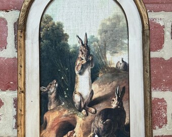 Framed Bunny Wall Art Rabbits Cottagecore Decor Spring Bunnies Fabric Print Vintage Moody Spring Art French Country Wall Decor Wall Textile