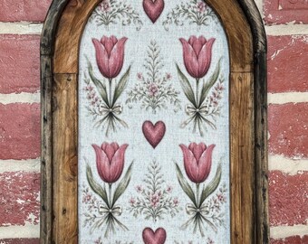 Arch Frame Folk Art Fabric Print Primitive Wall Art Vintage Botanical Art Tapestry Print Farmhouse Wall Decor Vintage Tulips Textile Print