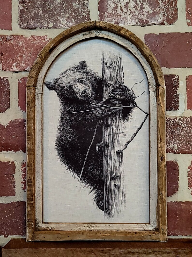 Framed Wildlife Art Bear Framed Wall Decor Forest Animal Linen Print Bear Cub Climbing a Tree Cabin Decor Lakehouse Decor Lodge Wall Decor image 1