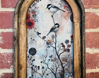 Arch Frame Watercolor Wildflower Art Whimsical Bird Wall Art Dark Cottagecore Floral Wall Decor Vintage Botanical Wall Decor Moody Wall Art