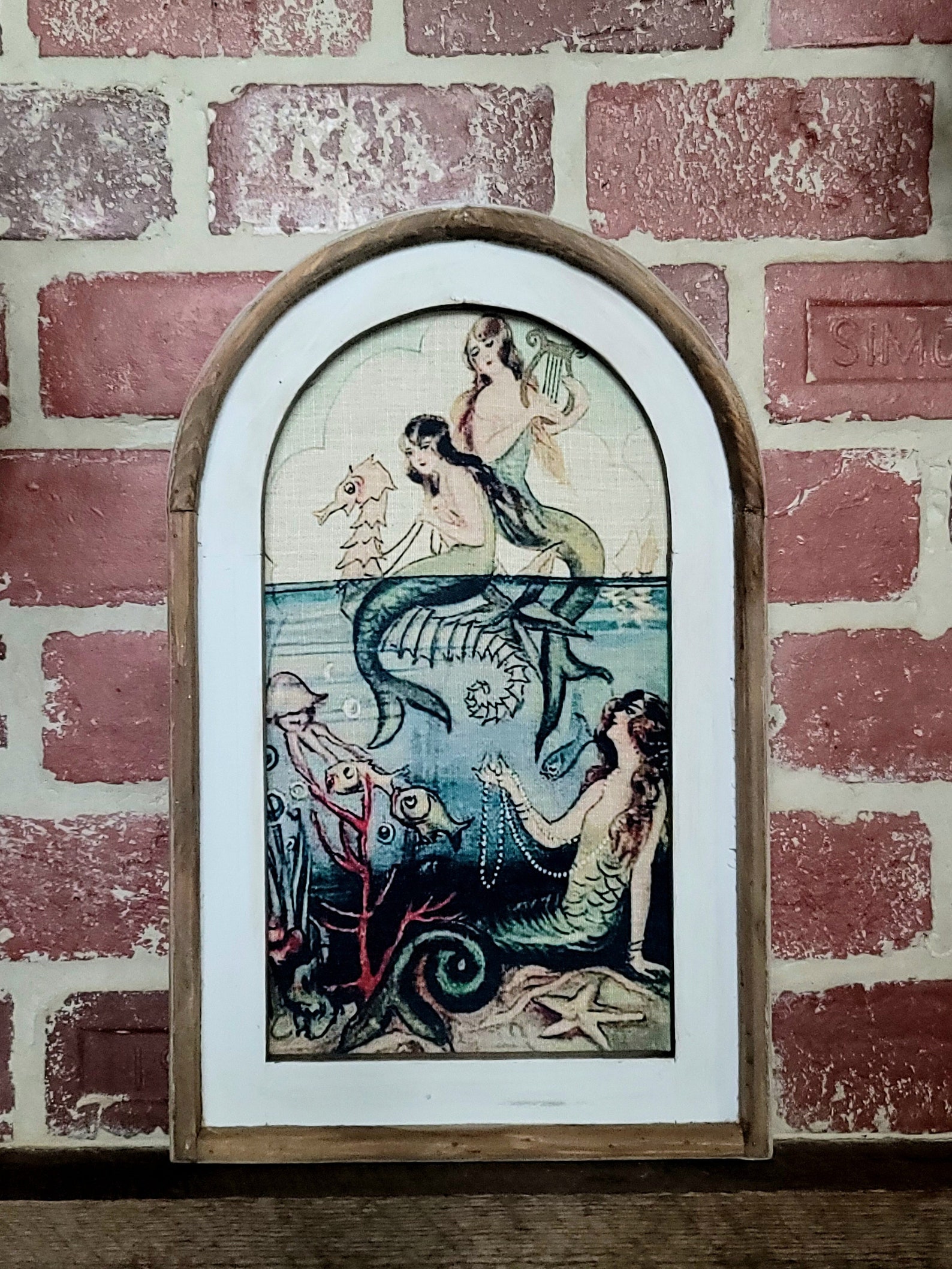 Framed Vintage Mermaids Wall Art 14"x22" Beach House Decor Linen Style