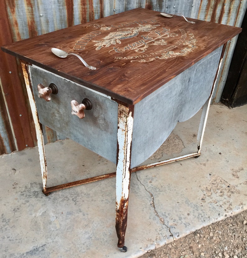 One Of A Kind Kitchen Island Repurposed Double Wash Tub Basin Vintage With Top And Faucet Towel Holders Old Cart