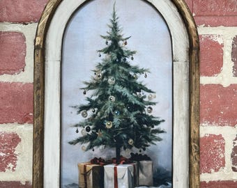 Vintage Christmas Tree Wall Art Christmas Painting Xmas Wall Art Decor Rustic Winter Print Wall Hanging Farmhouse Xmas Decor Moody Christmas