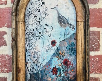 Arch Frame Watercolor Wildflower Art Whimsical Wall Art Dark Cottagecore Floral Wall Decor Vintage Botanical Wall Decor Bird Art Textile