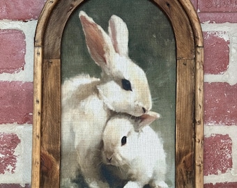 Framed Bunny Wall Art Rabbits Cottagecore Decor Spring Farmhouse Wall Decor Vintage Spring Artwork French Country Wall Decor Wall Textile