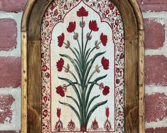 Arch Frame Vintage Textile Wall Art Antique Tapestry Textile Print Flower Wall Decor Antique Textile Print Fabric Print Red Flowers Artwork