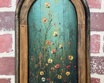 Arch Frame Wildflower Landscape Scene Dark Moody Flower Art Botanical Flower Painting Fabric Print  Wall Decor Dark Cottagecore Floral Art