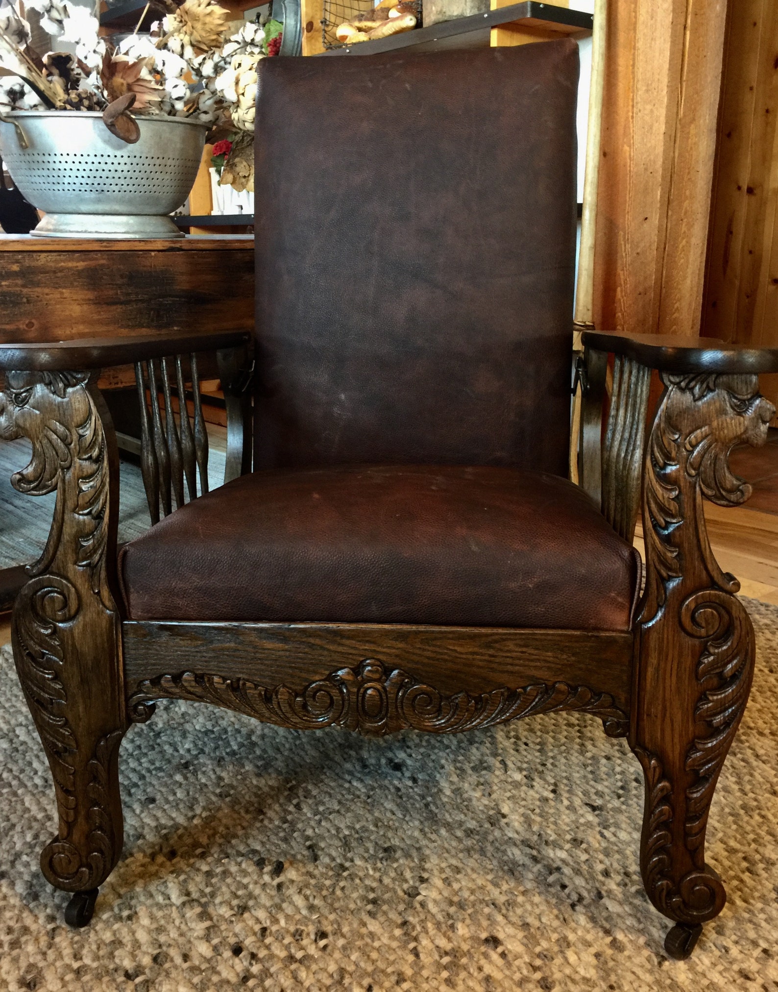 Antique Morris Chair Carved Lion Heads Leather Etsy