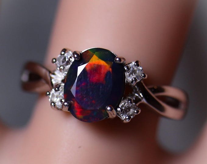 Black fire opal engagement ring/Natural Opal Ring/Opal Solitaire w. Diamond Accents/Cluster Ring/Delicate ring/Opal Wedding Ring/Silver Ring