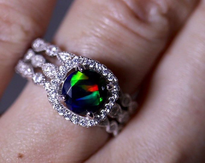 Black Opal Halo Ring, Opal Bridal Set, Halo Engagement Ring, Cushion Halo, Diamond band, Art Deco Opal Ring, Black fire opal ring, opal set