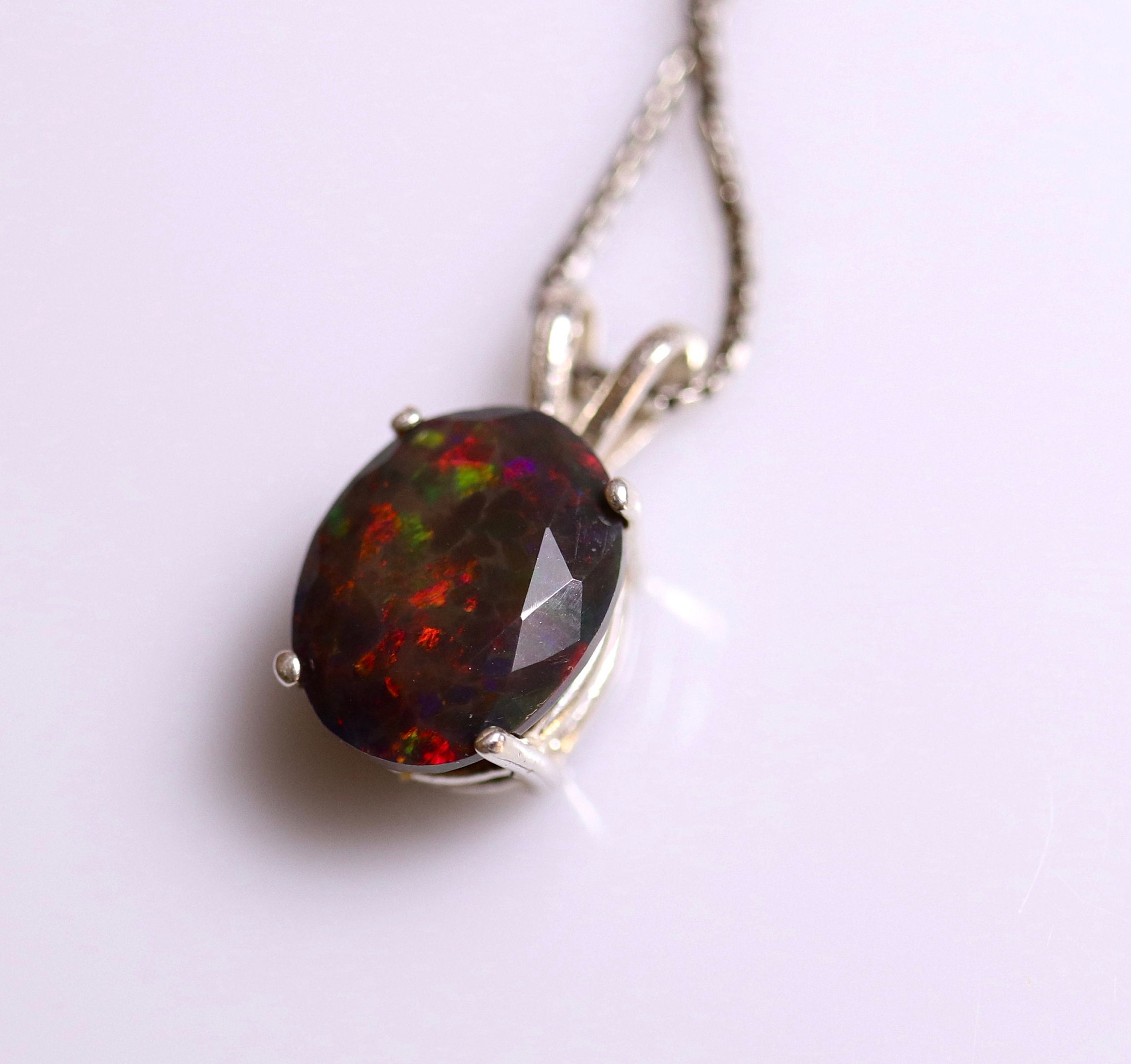 Natural opal necklace, fire opal pendant, genuine black fire opal ...